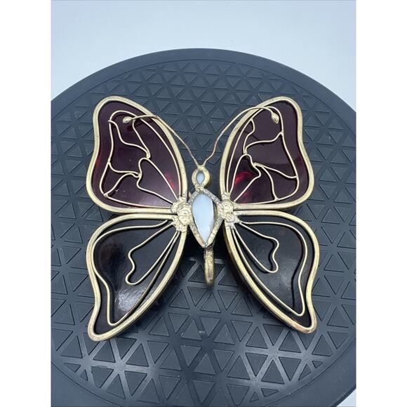 Vtg Stained Glass Sun Catcher Red and Amber Butterfly - Picture 1 of 5